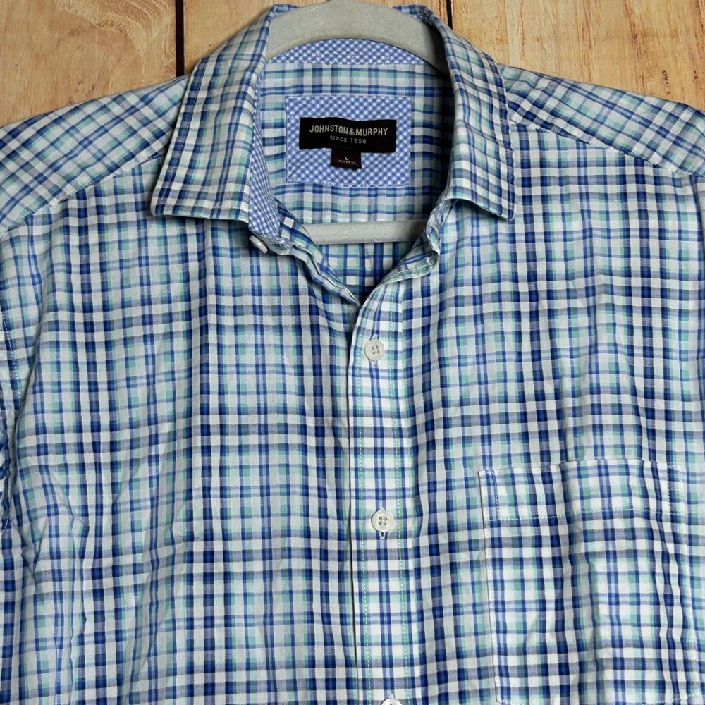 Johnston‎ & Murphy Button Down Shirt Mens Large Blue Green Plaid Preppy Casual